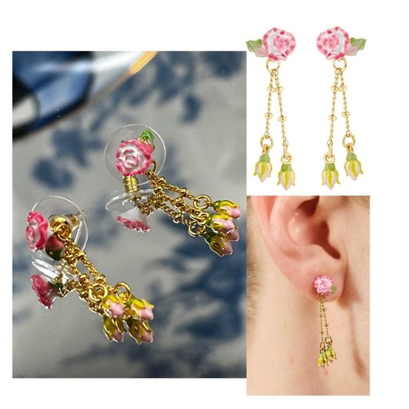 🆕 LES NEREIDES 🧿 BNWOT Rose and Rosebud Dangling Earrings - Picture 1 of 14
